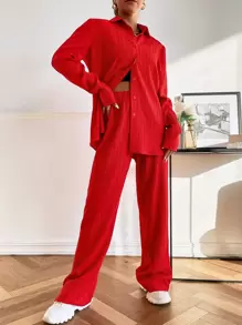 Mulvari Solid Button Front Shirt & Wide Leg Trousers - Red - View 1