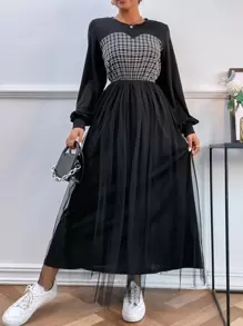 Mulvari Grid Print Lantern Sleeve Mesh Hem Dress - Black - View 1