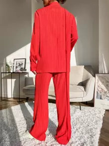 Mulvari Solid Button Front Shirt & Wide Leg Trousers - Red - View 2