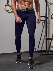 Fitness Boyfriend Style Men Letter Graphic Sport Tights - Navy Blue - View 1