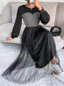 Mulvari Grid Print Lantern Sleeve Mesh Hem Dress - Black - View 3