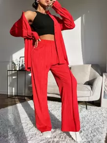 Mulvari Solid Button Front Shirt & Wide Leg Trousers - Red - View 3