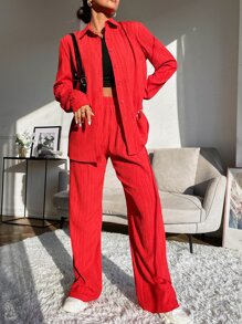 Mulvari Solid Button Front Shirt & Wide Leg Trousers - Red - View 4