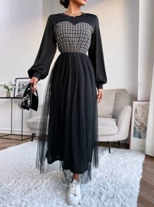 Mulvari Grid Print Lantern Sleeve Mesh Hem Dress - Black - View 4