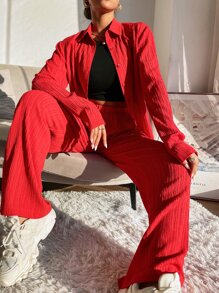 Mulvari Solid Button Front Shirt & Wide Leg Trousers - Red - View 6