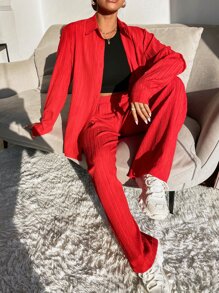 Mulvari Solid Button Front Shirt & Wide Leg Trousers - Red - View 7