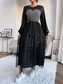 Mulvari Grid Print Lantern Sleeve Mesh Hem Dress - Black - View 6