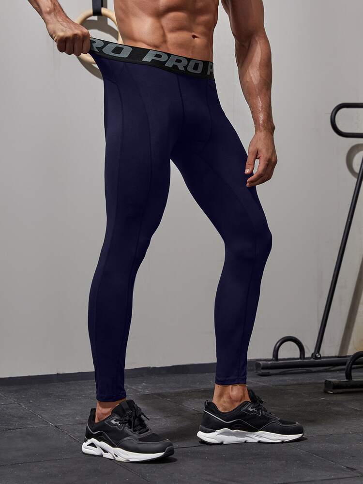 Fitness Boyfriend Style Men Letter Graphic Sport Tights - Navy Blue - View 5