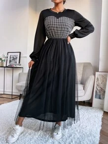 Mulvari Grid Print Lantern Sleeve Mesh Hem Dress - Black - View 7