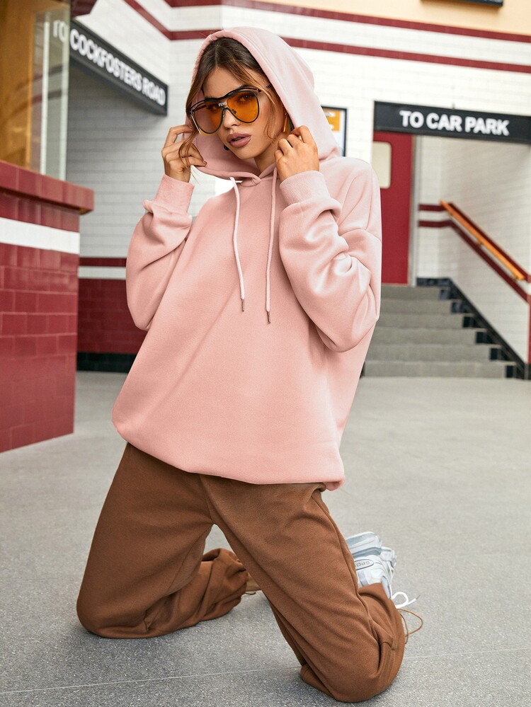 卡通和標語圖案落肩袖抽繩保暖連帽衫 - 淺粉色 - 查看 8