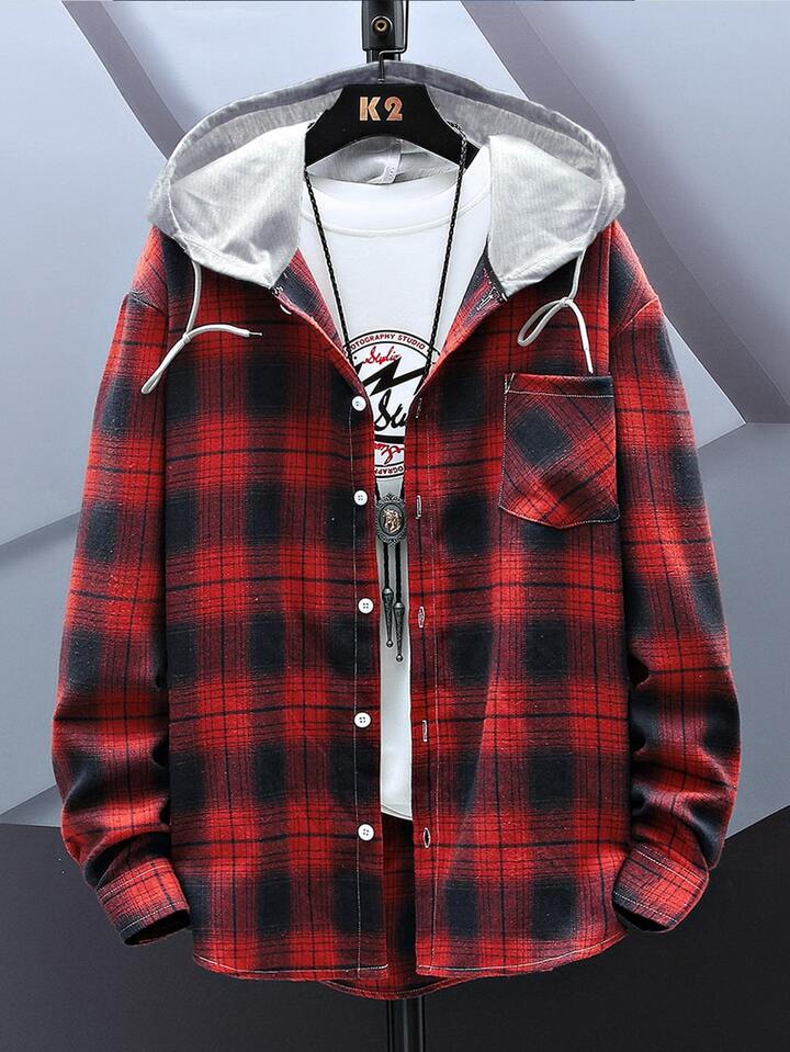 Men Plaid Print Drawstring Hooded Shirt Without Tee | SHEIN IN