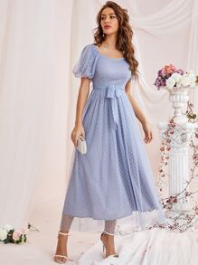 Modelyn Puff Sleeve Dobby Mesh Belted Dress - Dusty Blue - View 1