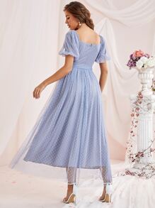 Modelyn Puff Sleeve Dobby Mesh Belted Dress - Dusty Blue - View 2
