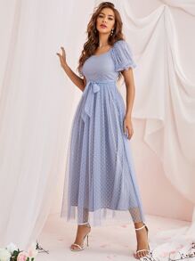 Modelyn Puff Sleeve Dobby Mesh Belted Dress - Dusty Blue - View 3
