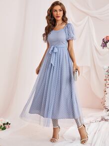 Modelyn Puff Sleeve Dobby Mesh Belted Dress - Dusty Blue - View 4