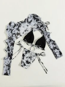 Swim EVENT Bãi Biển Mùa Hè Dây Buộc Bikini Bộ Dây Micro Tam Giác Áo Bra & Thắt Bên Bikini & Che Top 3 Miếng Bikini - Đen và trắng - Xem 2