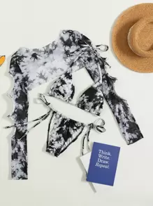 Swim EVENT Bãi Biển Mùa Hè Dây Buộc Bikini Bộ Dây Micro Tam Giác Áo Bra & Thắt Bên Bikini & Che Top 3 Miếng Bikini - Đen và trắng - Xem 5