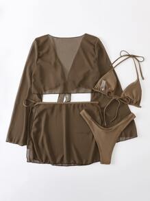 SHEIN Swim Summer Beach Solid Bikini Set Halter Triangle Bra & Tie Front Cover Up Top & High Cut Bottom & Skirt 4 Piece Bathing Suit - Mocha Brown - View 2