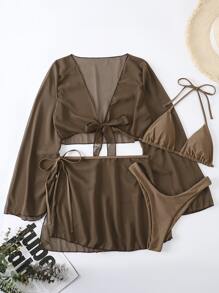 SHEIN Swim Summer Beach Solid Bikini Set Halter Triangle Bra & Tie Front Cover Up Top & High Cut Bottom & Skirt 4 Piece Bathing Suit - Mocha Brown - View 4