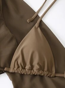 SHEIN Swim Summer Beach Solid Bikini Set Halter Triangle Bra & Tie Front Cover Up Top & High Cut Bottom & Skirt 4 Piece Bathing Suit - Mocha Brown - View 5
