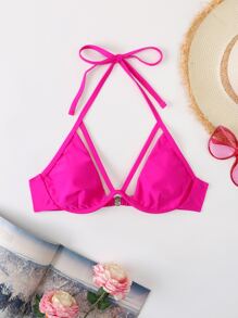 SHEIN Swim Summer Beach Harness Halter Underwire Bikini Top - Hot Pink - View 4