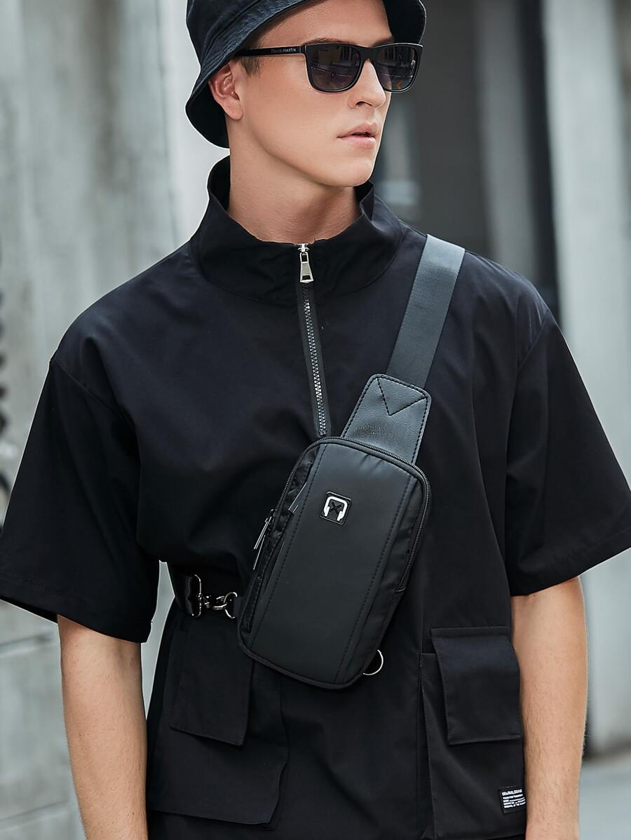 Mini Men Earphone Hole Sling Bag Chest Bag Fanny Pack Crossbody Bag For Travel Work Sport Holiday Essentials Lightweight Anti Theft Going Out With Adjustable Strap Polyester Business Casual Minimalist Office  Gifts For Men Outdoor Dad Gifts Father Gifts Men Gifts Present Valentines Gifts - Black - View 1