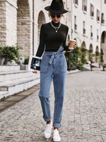 Jeans de cintura con cordón con bolsillo oblicuo doblado - Azul lavado medio - Ver 1