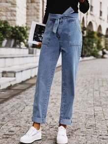 Jeans de cintura con cordón con bolsillo oblicuo doblado - Azul lavado medio - Ver 3