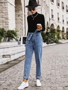 Jeans de cintura con cordón con bolsillo oblicuo doblado - Azul lavado medio - Ver 4