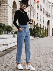 Jeans de cintura con cordón con bolsillo oblicuo doblado - Azul lavado medio - Ver 5