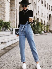 Jeans de cintura con cordón con bolsillo oblicuo doblado - Azul lavado medio - Ver 6