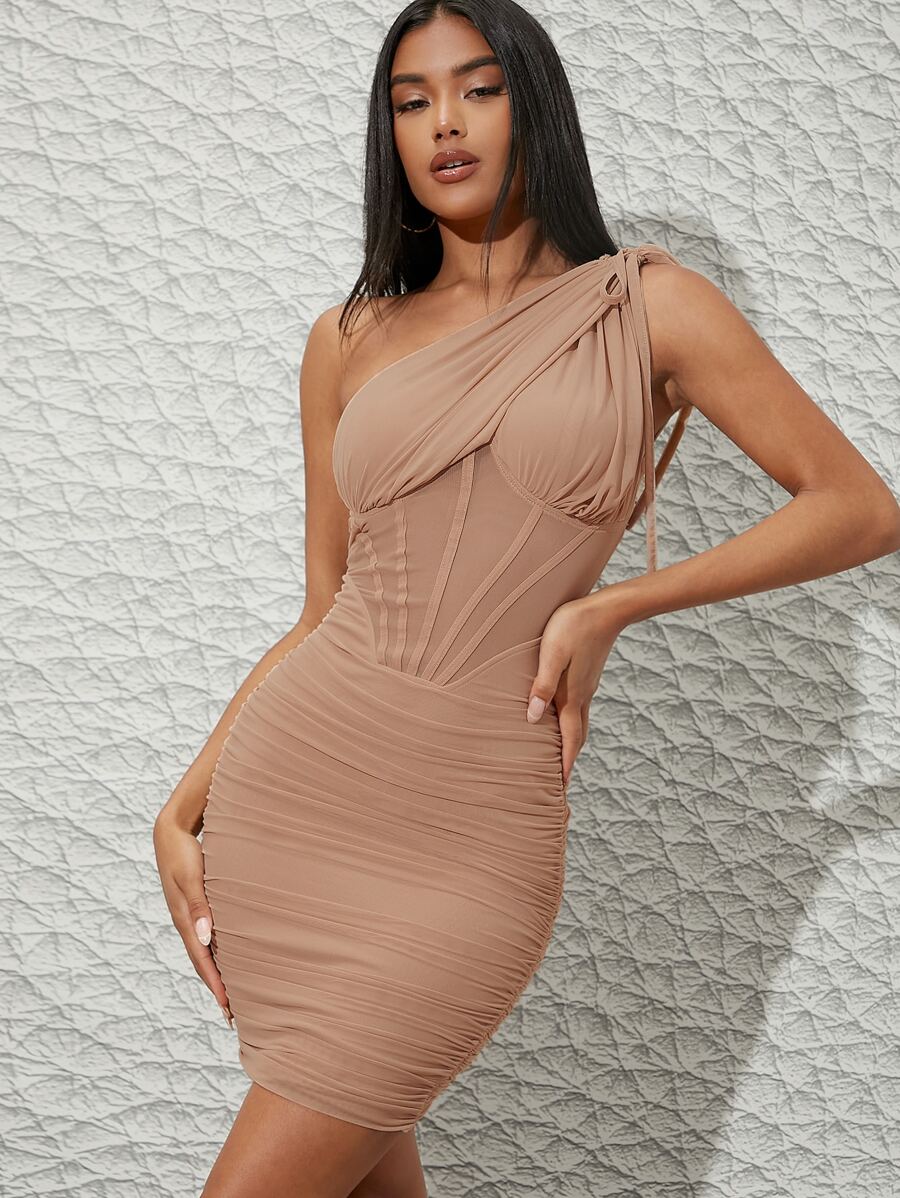 Tied One Shoulder Seam Front Ruched Mesh Dress - Apricot - View 1