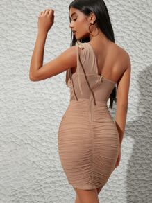 Tied One Shoulder Seam Front Ruched Mesh Dress - Apricot - View 2