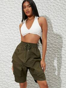 抽繩腰部鏤空及膝細節褲 - 軍綠色 - 查看 2