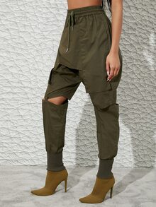 抽繩腰部鏤空及膝細節褲 - 軍綠色 - 查看 3