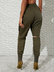 抽繩腰部鏤空及膝細節褲 - 軍綠色 - 查看 4