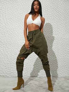 抽繩腰部鏤空及膝細節褲 - 軍綠色 - 查看 5