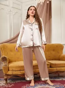 Plus Contrast Piping Satin PJ Set - Khaki - View 1