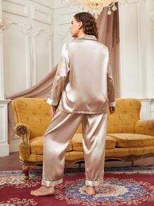Plus Contrast Piping Satin PJ Set - Khaki - View 2