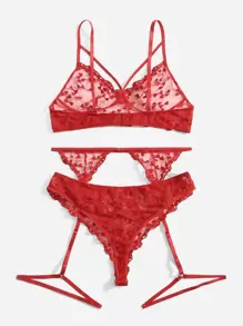 3 Stücke Sexy Lingerie Set in Große Größen (BH, Strumpfhalter und Slip mit Dreieck-Design) - Rot - Übersicht 2