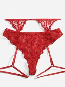 3 Stücke Sexy Lingerie Set in Große Größen (BH, Strumpfhalter und Slip mit Dreieck-Design) - Rot - Übersicht 3