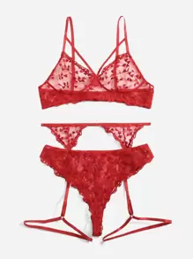 3 Stücke Sexy Lingerie Set in Große Größen (BH, Strumpfhalter und Slip mit Dreieck-Design) - Rot - Übersicht 4