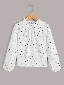 SHEIN قميص فتاة في منتصف العمر بأكمام قصيرة ولون صلب غير رسمي للصيف مع نمط قلب من الورق مصفّف بتموجات