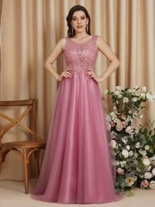 BABYONLINE D.R.E.S.S. Contrast Lace Mesh Bridesmaid Dress - Dusty Pink - View 1