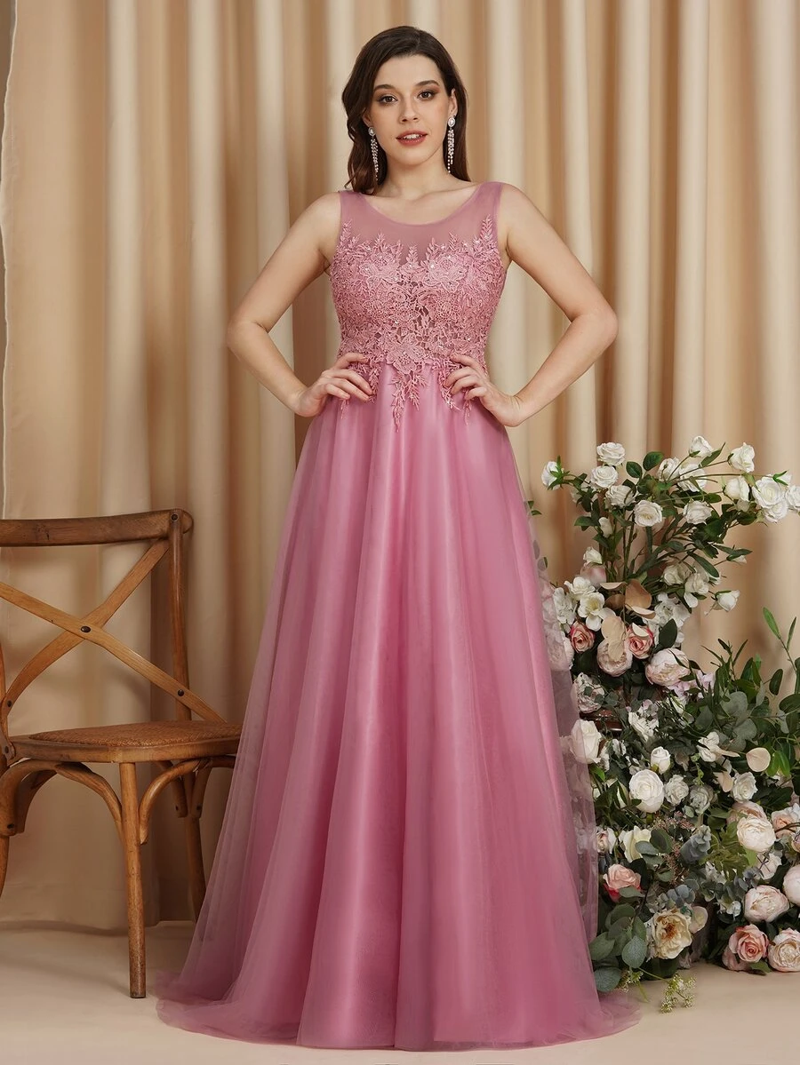 BABYONLINE D.R.E.S.S. Contrast Lace Mesh Bridesmaid Dress - Dusty Pink - View 1