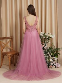 BABYONLINE D.R.E.S.S. Contrast Lace Mesh Bridesmaid Dress - Dusty Pink - View 2