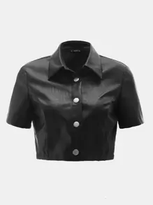 SHEIN Camisa corto con botón de recubierto - Negro - Ver 1