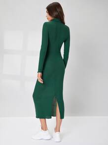 Mulvari 條紋針織下擺開叉高領緊身連衣裙 - 綠色 - 查看 2