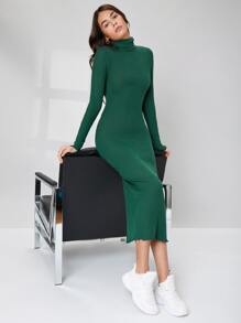 Mulvari 條紋針織下擺開叉高領緊身連衣裙 - 綠色 - 查看 1