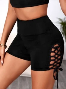 SHEIN SXY Cut Out Lace Up Side Cycling Shorts - Black - View 1